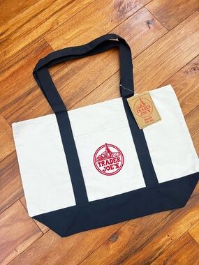 Trader Joe's Large Canvas Tote Bag White/Dark Navy - NWT